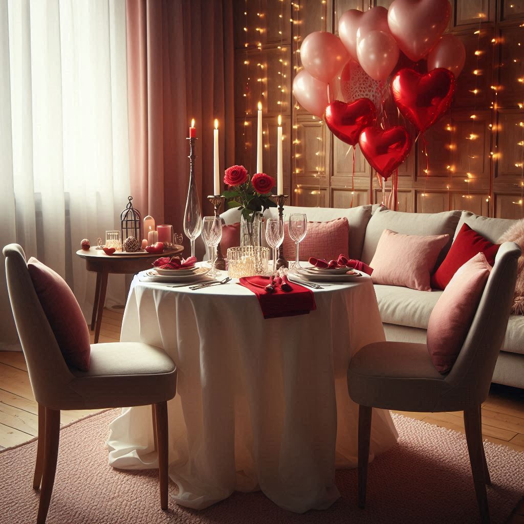 A living room transformed into an intimate dining space. A small table for two is set up with a white tablecloth, red napkins, and vintage-style cutlery. There are two tall candles in elegant holders, and a red rose in a glass vase as a centerpiece. Behind the table, there are pink and red balloons arranged in a heart shape. Fairy lights are draped in the background, providing soft ambient lighting.
