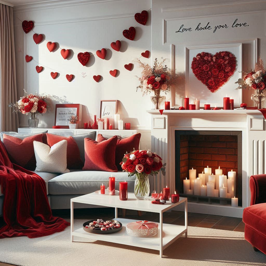 A spacious living room decorated with Valentines Day in mind. The couch is draped with a red velvet throw and heart-shaped pillows. A heart garland is hanging across the fireplace mantel, which is adorned with white candles and red roses in glass vases. Theres a large framed Love quote on the wall and a coffee table with a tray holding chocolates and a bouquet.