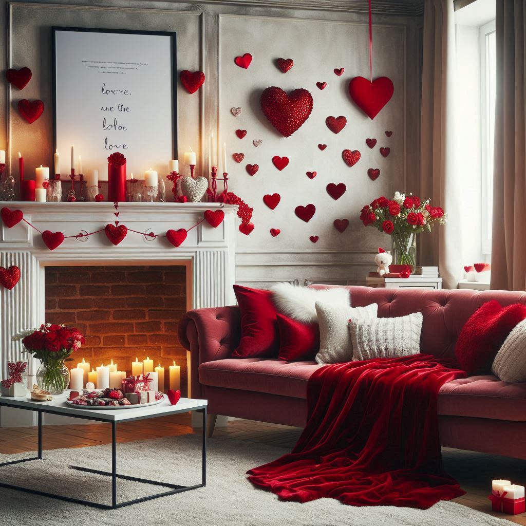 A spacious living room decorated with Valentines Day in mind. The couch is draped with a red velvet throw and heart-shaped pillows. A heart garland is hanging across the fireplace mantel, which is adorned with white candles and red roses in glass vases. Theres a large framed Love quote on the wall and a coffee table with a tray holding chocolates and a bouquet.