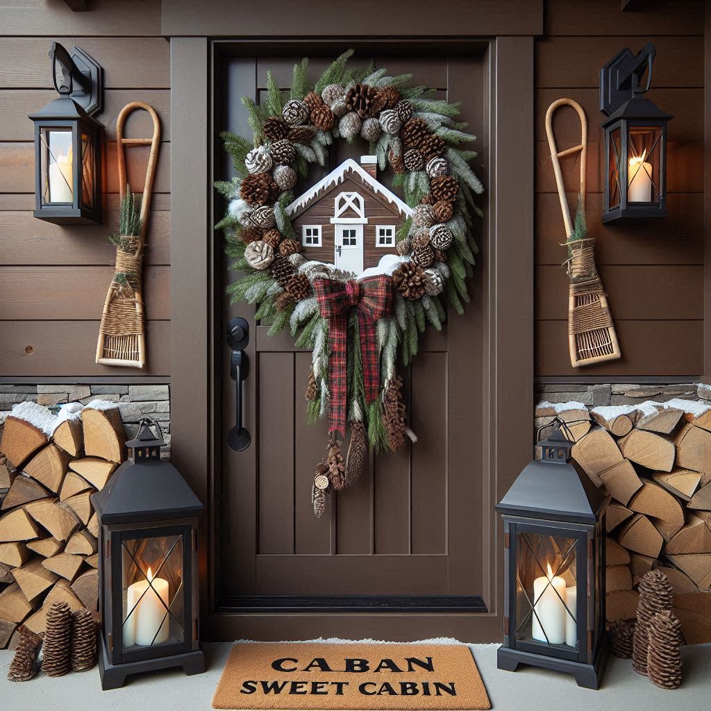 A rustic front door in deep brown wood decorated with a mountain cabin theme. The door has a large wreath made of pinecones, evergreen branches, and plaid ribbons, with a wooden cutout of a snow-covered cabin in the center. Two tall lanterns with faux flames are placed on each side of the door, surrounded by stacks of split firewood and a pair of vintage snowshoes leaning against the wall. The doormat says Cabin Sweet Cabin, enhancing the cozy winter vibe.