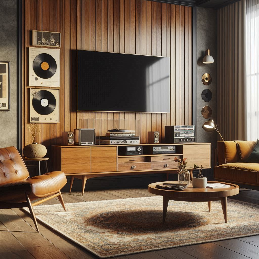 A stylish mid-century modern living room with a flat-screen TV mounted on a wood-paneled accent wall in walnut finish. Below the TV, a mid-century console with tapered legs holds vinyl records, vintage decor pieces, and a record player. The room features a leather armchair with a small, round coffee table beside it, and a low-profile sofa in a warm mustard color. A vintage-inspired rug and a large window with sheer curtains complete the space.