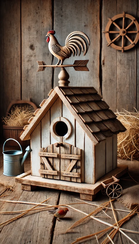A farmhouse-style birdhouse with rustic charm. The birdhouse is made of reclaimed wood and painted in a soft whitewash finish. It has a sloped roof with a small rooster weather vane on top. The entrance is shaped like an arch, and small wooden shutters frame the opening. Surrounding the birdhouse are little hay bales and tiny, metal watering cans as decoration. The background includes a barn-like setting with worn wooden planks and some scattered autumn leaves.