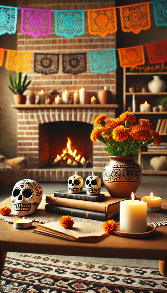 A cozy indoor setting featuring a Day of the Dead themed coffee table arrangement. The table is decorated with small candles in skull-shaped holders, a stack of traditional Mexican books, and a ceramic vase filled with marigolds. In the background, a fireplace with papel picado hanging above creates a warm and inviting ambiance, capturing the festive spirit of Día de los Muertos.