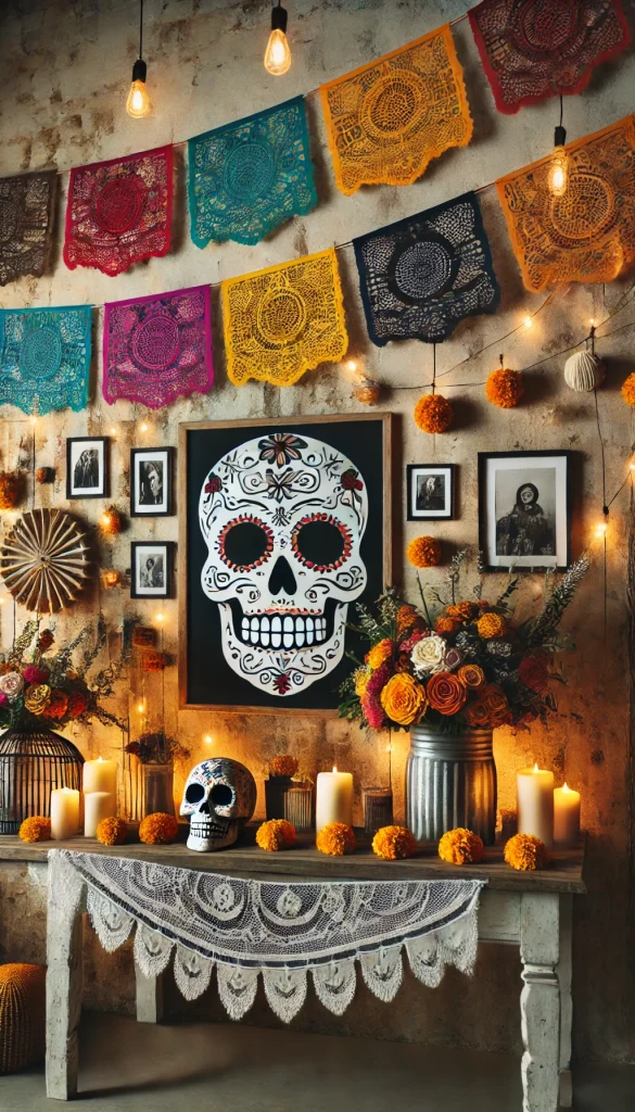 A stylish Day of the Dead themed wall display featuring traditional papel picado banners in various colors, a large decorative skull, and hanging marigold flower arrangements. The wall is set against a rustic background, with soft warm lighting creating a cozy ambiance. The display includes small framed photographs of ancestors, candles, and decorative elements that embody the spirit of Día de los Muertos.