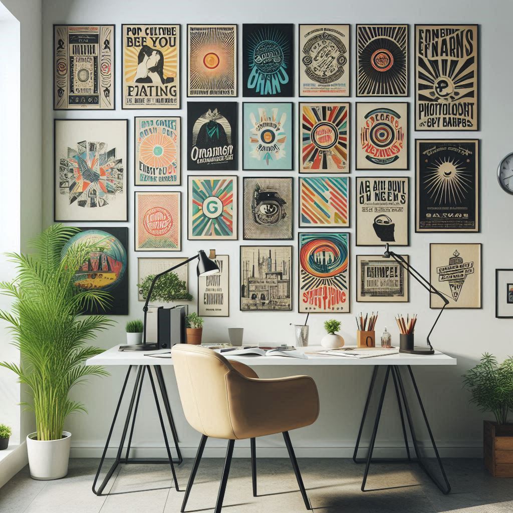 A creative home office with a wall covered in an eclectic mix of posters. The posters are a blend of modern art, pop culture illustrations, typographic quotes, and photography. They are arranged in a casual collage style with overlapping edges. A desk with art supplies and a comfortable chair completes the look.