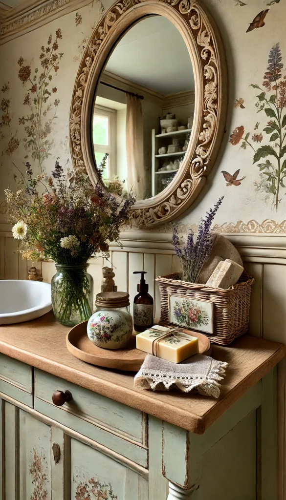 A cottagecore-inspired bathroom counter with charming, rustic decor. The countertop is made of light wood, and a vintage floral-patterned mirror hangs above. On the counter, there’s a ceramic soap dish with hand-painted flowers, a small bouquet of wildflowers in a mason jar, and a soft lace-trimmed hand towel. A wooden tray holds artisanal soap and a small wicker basket with lavender sprigs. The background features soft cream-colored walls with subtle floral stencils, giving the space a cozy, countryside feel.