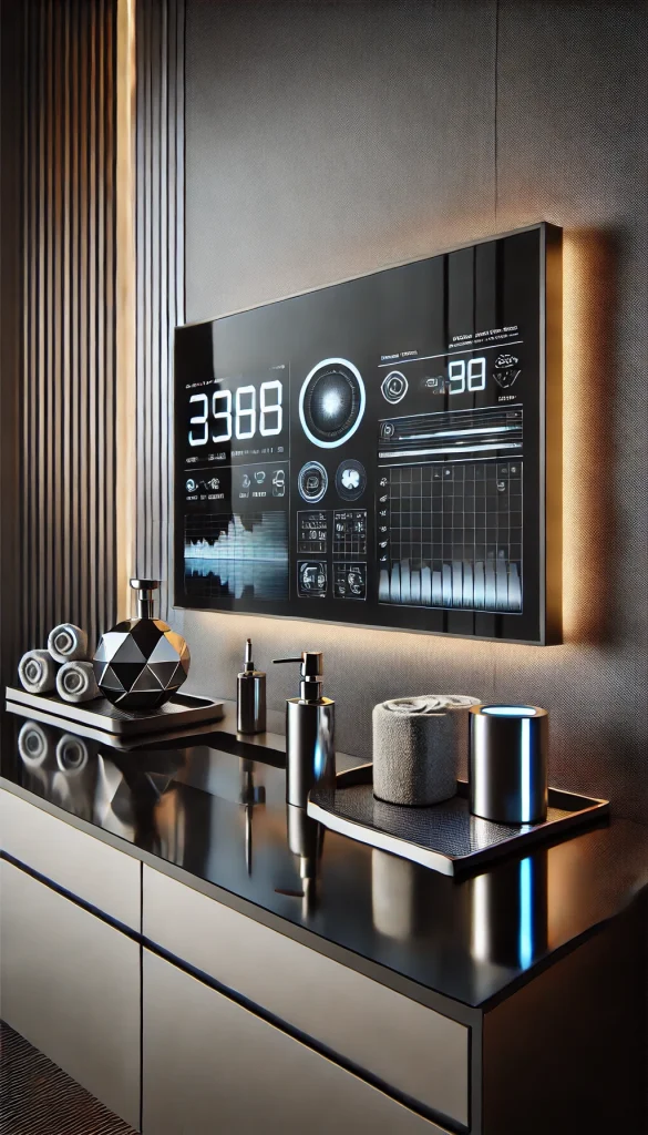 A futuristic bathroom counter with sleek, high-tech decor. The countertop is made of glossy black glass, and a large digital mirror with LED lighting displays information like weather and time. On the counter, there’s a chrome soap dispenser, a small geometric-shaped vase with a metallic finish, and a digital toothbrush holder with built-in UV light. A slim, modern tray holds rolled hand towels. The background features smooth metallic walls with a subtle glow, adding to the high-tech, futuristic vibe.