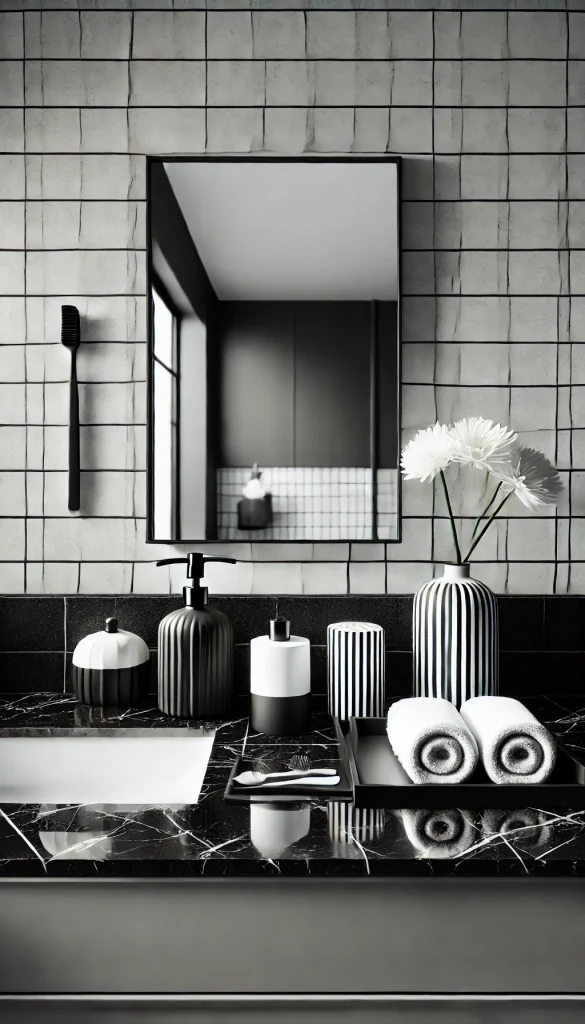 A monochrome-themed bathroom counter with modern and sleek decor. The countertop is black granite, and a frameless mirror hangs above. On the counter, there’s a white soap dispenser, a black toothbrush holder, and a black-and-white striped vase with a single white flower. A minimalist black tray holds neatly folded white towels and a small scented candle. The background features large black tiles with white grout, creating a sharp, contrast-driven design for a bold and modern look.