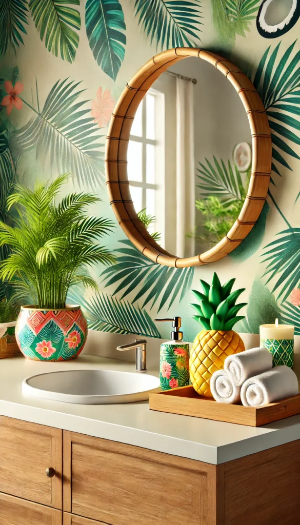 A tropical-themed bathroom counter with bright and lively decor. The countertop is a smooth, white surface, and a large, round mirror with a bamboo frame hangs above it. On the counter, a vibrant soap dish with tropical motifs, a potted palm plant in a colorful ceramic pot, and a pineapple-shaped candle give a tropical feel. A wooden tray holds rolled white towels and a coconut-scented lotion bottle. The background features a wallpaper with large green palm leaves, adding to the vibrant, tropical vibe.
