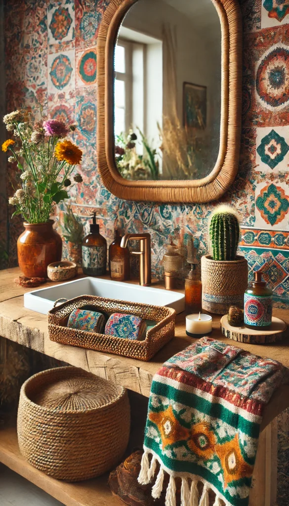 A bohemian-style bathroom counter with vibrant and artistic decor. The countertop is made of rustic wood, and above it hangs a rattan-framed mirror. On the counter, a colorful ceramic soap dish, a small potted cactus in a woven basket, and a macrame tray holding patterned hand towels add boho charm. There’s also a scented candle in a decorative glass holder and a vase with wildflowers. The background features a bold, patterned wallpaper with earthy tones, creating a free-spirited and eclectic vibe.