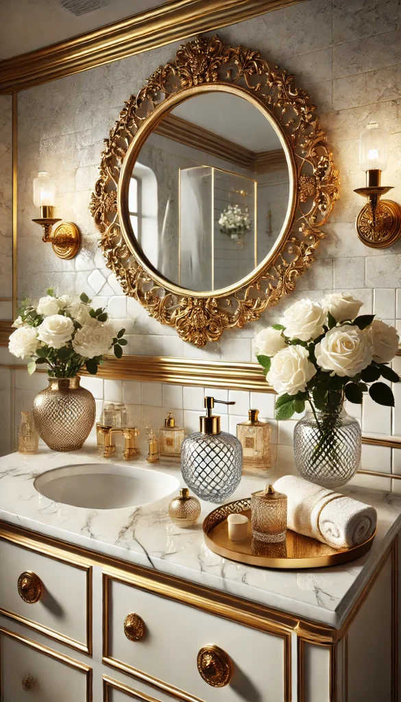 A glamorous bathroom counter with chic and opulent decor. The countertop is made of white marble with gold accents, and a large round mirror with an ornate gold frame is mounted above. On the counter, a crystal perfume bottle, a gold soap dispenser, and a glass vase with a bouquet of white roses add a luxurious touch. A gold tray holds neatly folded white hand towels and a designer candle. The background features glossy white subway tiles with gold grout, enhancing the sophisticated and glamorous ambiance.