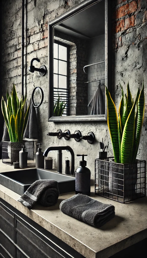 An industrial-style bathroom counter with edgy, urban decor. The countertop is made of concrete, and a metal-framed mirror hangs above it. On the counter, a black soap dispenser, a metal toothbrush holder, and a wire basket holding dark grey towels give a bold look. A potted snake plant in a black ceramic pot adds a touch of greenery. The background features exposed brick walls, giving the space a raw, industrial aesthetic, with black steel faucet fixtures complementing the theme.