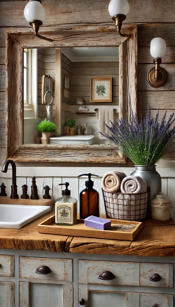 A farmhouse-style bathroom counter with rustic, vintage-inspired decor. The countertop is made of reclaimed wood, and above it hangs a weathered wood-framed mirror. On the counter, there is a wire basket holding rolled hand towels, a ceramic soap dispenser, and a mason jar filled with fresh lavender. A wooden tray with a bar of artisanal soap and a small potted plant completes the look. The background features shiplap walls and bronze fixtures, adding to the rustic farmhouse feel.