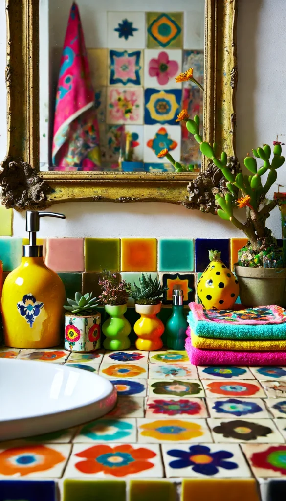 An eclectic bathroom counter with bold and creative decor. The countertop is a colorful mosaic of tiles in bright hues, and a vintage mirror with a gold frame is mounted above. On the counter, a bright ceramic soap dispenser, a collection of small succulents in mismatched pots, and a stack of multi-colored hand towels create a playful look. There’s a whimsical candle in the shape of a fruit, and a small vase with wildflowers adds a lively, artistic touch. The backdrop features colorful patterned tiles to match the eclectic theme.