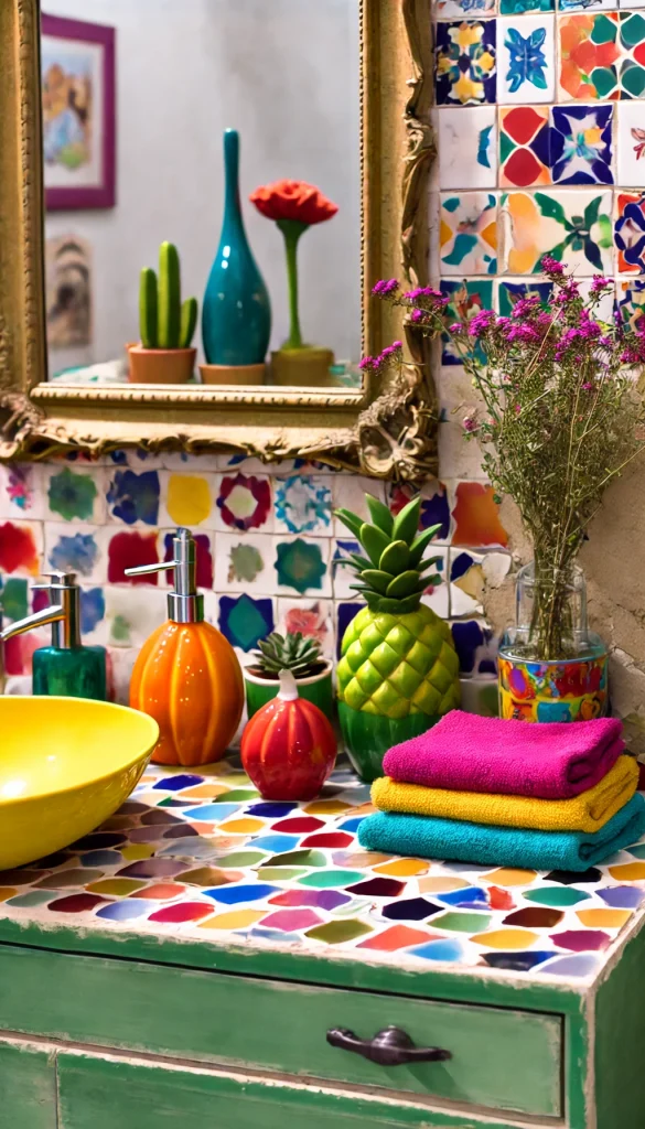 An eclectic bathroom counter with bold and creative decor. The countertop is a colorful mosaic of tiles in bright hues, and a vintage mirror with a gold frame is mounted above. On the counter, a bright ceramic soap dispenser, a collection of small succulents in mismatched pots, and a stack of multi-colored hand towels create a playful look. There’s a whimsical candle in the shape of a fruit, and a small vase with wildflowers adds a lively, artistic touch. The backdrop features colorful patterned tiles to match the eclectic theme.