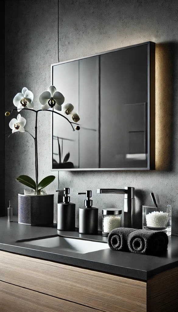 A contemporary bathroom counter with sleek and modern decor. The countertop is made of dark matte stone, and a rectangular backlit mirror is mounted above. On the counter, a metallic soap dispenser, a geometric-shaped vase with a single orchid stem, and a set of folded black hand towels provide a sharp, clean look. A clear glass jar filled with white bath salts sits next to a chrome toothbrush holder. The background features smooth grey concrete walls, adding an industrial yet polished feel to the space.