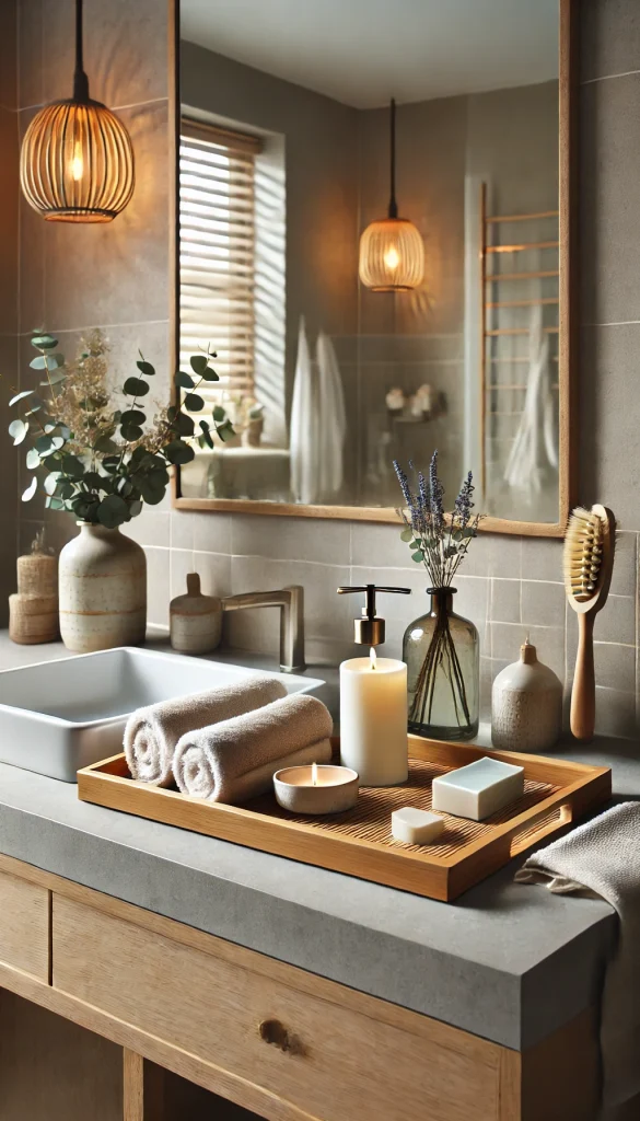 A spa-like bathroom counter with serene and calming decor. The countertop is a light grey stone, and there is a large, frameless mirror above. On the counter, a bamboo tray holds neatly rolled white towels, a small bowl of lavender, and a ceramic candle holder with a lit candle. A glass vase with eucalyptus branches adds a fresh touch, while a white soap dish holds artisanal soap. The backdrop features soft beige tiles and a bamboo bath brush resting on the counter, creating a peaceful, spa-inspired ambiance.