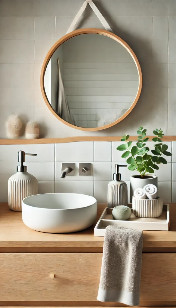 A Scandinavian-inspired bathroom counter with simple and functional decor. The countertop is light wood with a matte white sink. Above the sink is a round mirror with a light wooden frame. On the counter, a ceramic soap dispenser and a small potted plant in a white planter are arranged neatly. A folded, textured hand towel in soft grey sits beside a sleek white tray holding minimalistic toiletries. The background is white tile with light grey grout, creating a clean, airy, and practical atmosphere.