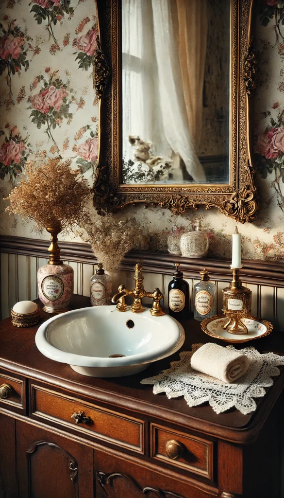 A vintage-inspired bathroom counter with charming, old-world decor. The counter is made of dark wood with a porcelain basin sink. Above the counter is an ornate gold-framed mirror. On the counter, there are antique perfume bottles, a porcelain soap dish, and a lace-trimmed hand towel. A brass candle holder with a small white candle and a dried flower bouquet in a vintage glass vase complete the look. The background includes classic floral-patterned wallpaper, evoking a sense of nostalgia and elegance.
