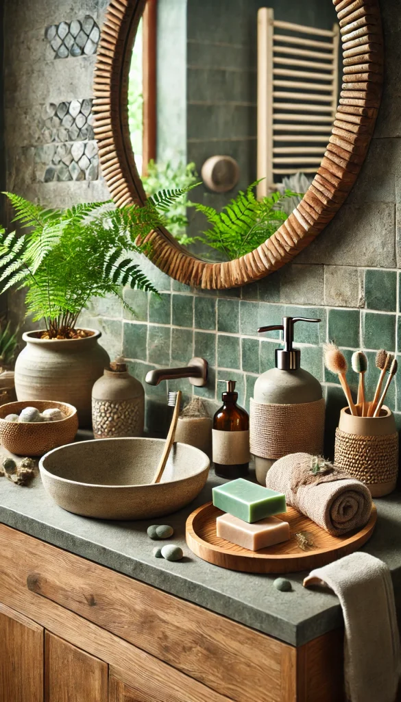 A nature-inspired bathroom counter with earthy and organic decor. The countertop is a textured stone, and there is a large round mirror with a wooden frame above it. The decor includes a clay pot with a small fern, a wooden soap dish with handmade soap, and a natural fiber tray holding folded linen towels. A bamboo toothbrush holder and a glass jar filled with pebbles add to the natural vibe. The background features a green tile wall, adding a refreshing and calming ambiance to the space.
