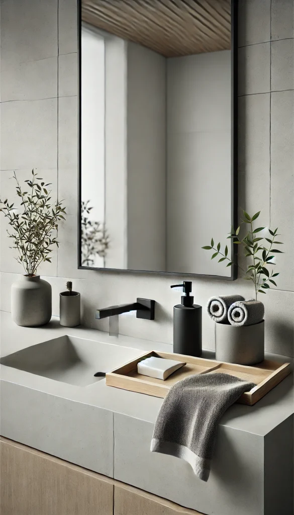A minimalist bathroom counter featuring simple, clean decor. The countertop is white stone with a matte finish, and a frameless rectangular mirror hangs above. On the counter, there is a black soap dispenser, a single small plant in a concrete pot, and a folded hand towel in neutral grey. A bamboo toothbrush holder sits beside a sleek metal tray with just one rolled hand towel. The background shows smooth, grey tiles for a modern and understated look, with a black faucet complementing the minimal aesthetic.