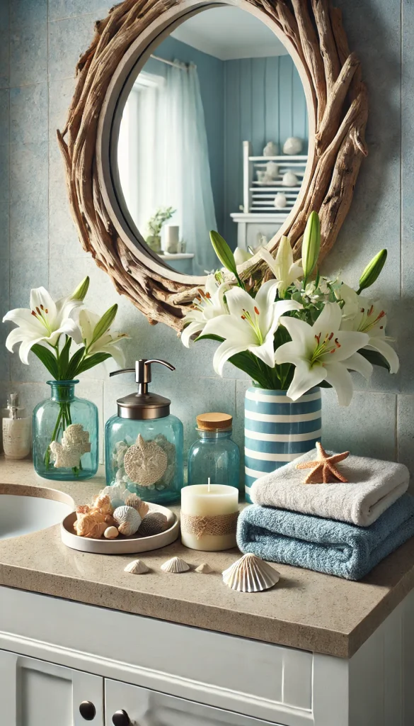A coastal-themed bathroom counter featuring light and airy decor. The countertop is made of light-colored quartz with subtle blue accents. Above the counter is a circular mirror framed with driftwood. The decor includes a seashell soap dish, a glass jar filled with seashells, and a blue and white striped vase holding fresh white lilies. A candle with a beach scent sits beside a stack of fluffy white towels. The background has light blue wall tiles, giving a relaxed, beachy vibe.