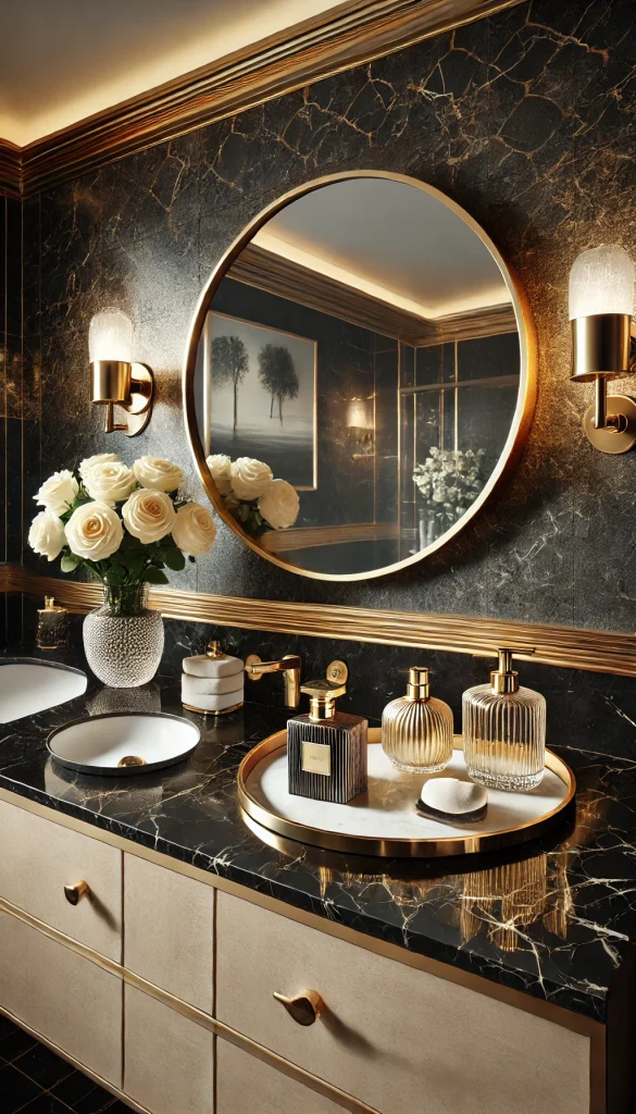 A luxurious bathroom counter setup featuring elegant, high-end decor. The countertop is made of black marble with gold veins, and there’s a round, backlit mirror with soft, ambient lighting. On the counter, there is a marble tray holding designer perfume bottles, a crystal vase with fresh white roses, and a black-and-gold soap dispenser. A small stack of white hand towels is arranged next to a gold-framed photo of a serene landscape. The backdrop includes glossy black wall tiles and gold faucet fixtures for a sophisticated, glamorous touch.
