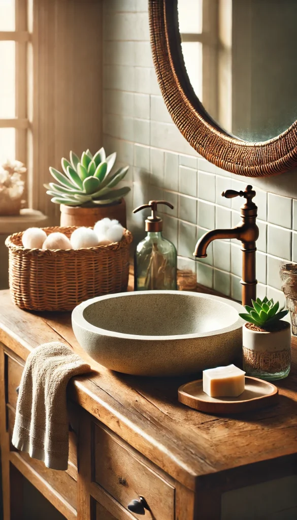 A bathroom counter decorated with rustic elements. The counter is made of a natural wooden surface with an oval stone sink. Above the sink is a vintage bronze faucet and a frameless mirror. On the counter, a woven basket holds rolled hand towels, and a glass jar is filled with cotton balls. A ceramic soap dish with artisanal soap sits beside a small succulent plant in a terracotta pot. Soft sunlight filters through a nearby window, creating a warm and cozy atmosphere.