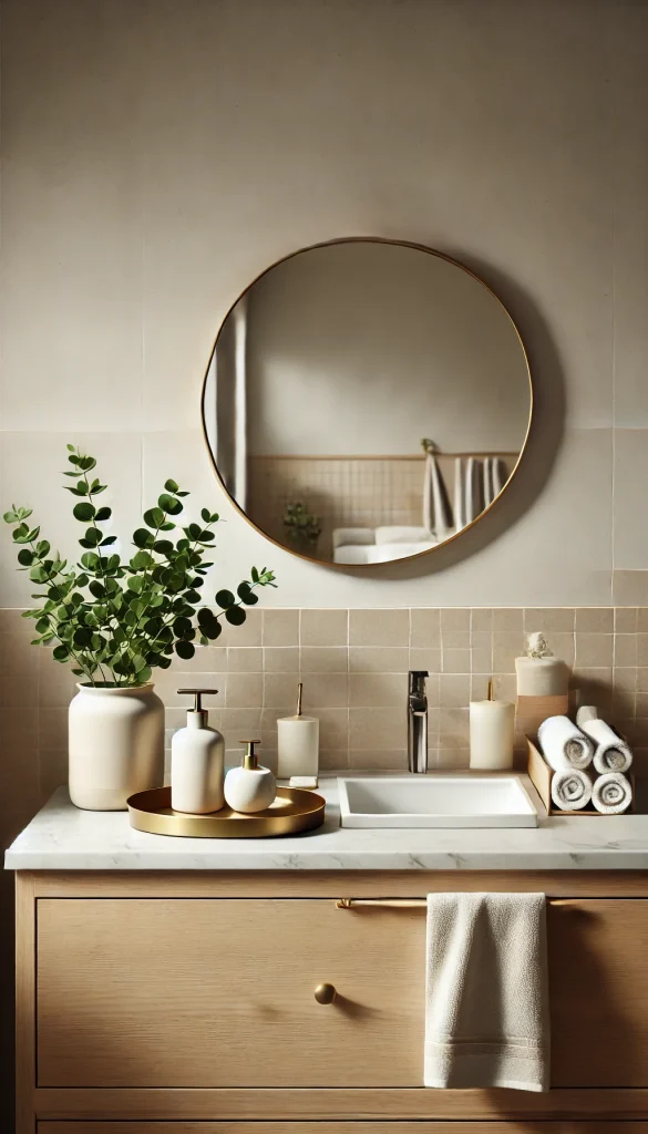A modern bathroom counter decorated with minimalistic accessories. A white marble countertop with a sleek round mirror above it, soft natural lighting. On the counter, there are small decorative items such as a gold tray holding a potted green plant, a ceramic soap dispenser, a candle, and folded white towels neatly placed. The background features subtle beige wall tiles and a light wooden vanity underneath, evoking a clean and serene atmosphere.