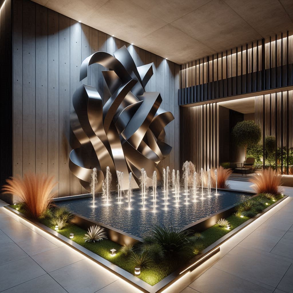 A modern fountain with abstract, angular metal shapes and multiple water jets, in a sleek, contemporary garden with polished concrete floors, minimalist planters, and ornamental grasses, with LED lighting adding color to the water at night.