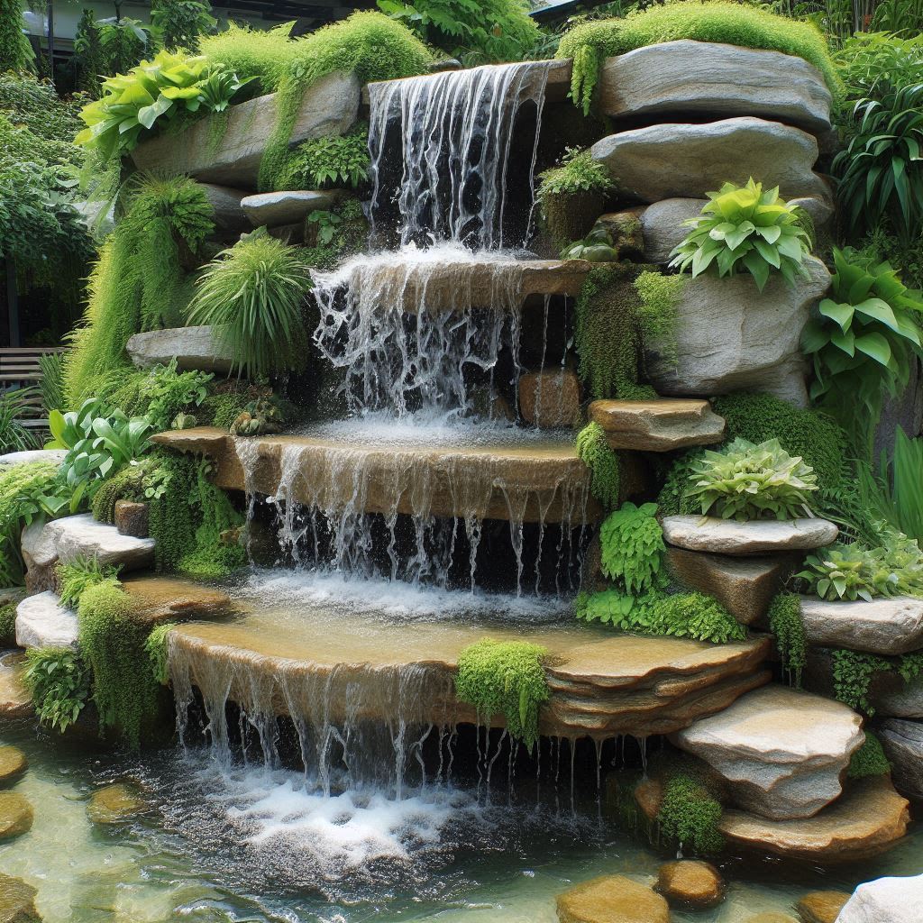 A waterfall-style fountain built into a rock ledge over a pond, where water flows down the ledge into the pond below. The water is clear and cascades over smooth stones, with green foliage and hanging plants surrounding the area, creating a naturally wild and scenic atmosphere.