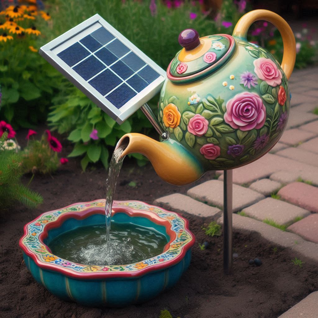 A solar fountain repurposed from a colorful ceramic teapot, tilted to pour water into a shallow basin below. The setup is quirky and playful, placed among flower beds or a garden bench. The solar panel is attached to a metal stake next to the fountain, catching sunlight from above.