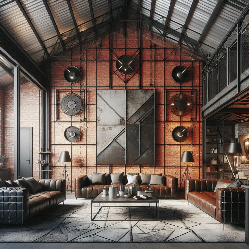 An industrial-themed living room with high vaulted ceilings, exposed steel beams, and a large, red brick accent wall. The wall is adorned with metal-framed abstract art and industrial-style wall sconces. Dark leather sofas, a metal coffee table, and a large rug with geometric patterns complete the look, creating a modern, edgy aesthetic.