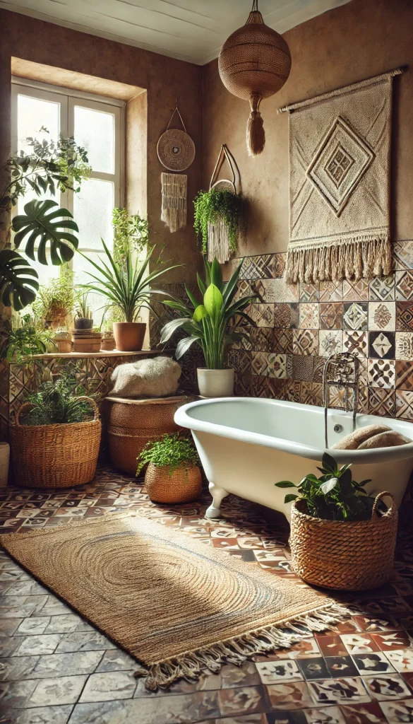 A bohemian-style bathroom with a clawfoot bathtub surrounded by potted plants, rattan baskets, and a jute rug. The walls have tribal patterned tiles, and a macrame wall hanging is displayed above the tub. Soft natural light enters through the window, creating a peaceful and earthy ambiance. Vertical format optimized for Pinterest aesthetic.