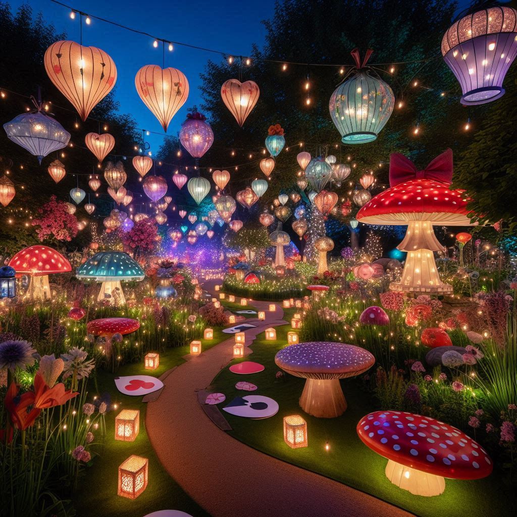 An outdoor garden at twilight filled with floating lanterns and fairy lights, inspired by Alice in Wonderland. The lanterns are shaped like tea cups and hearts, casting soft, colorful glows. The garden is decorated with large mushrooms, oversized flowers, and a winding path of playing cards. The whole scene feels dreamlike, as if its right out of Wonderland.