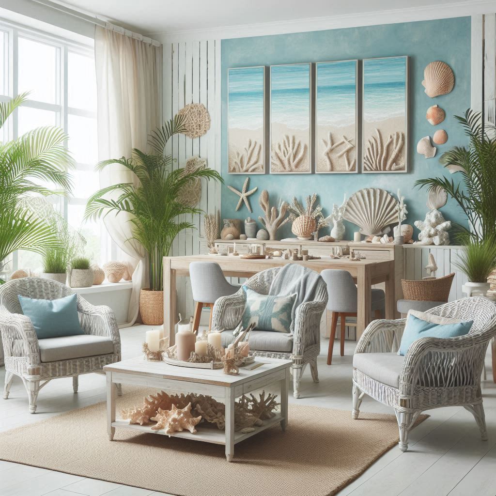 A relaxing, beach-themed salon with soft blue and sandy beige decor, whitewashed wood and wicker furniture, seashells, driftwood art, coral sculptures, potted palms, and large windows letting in natural sunlight.