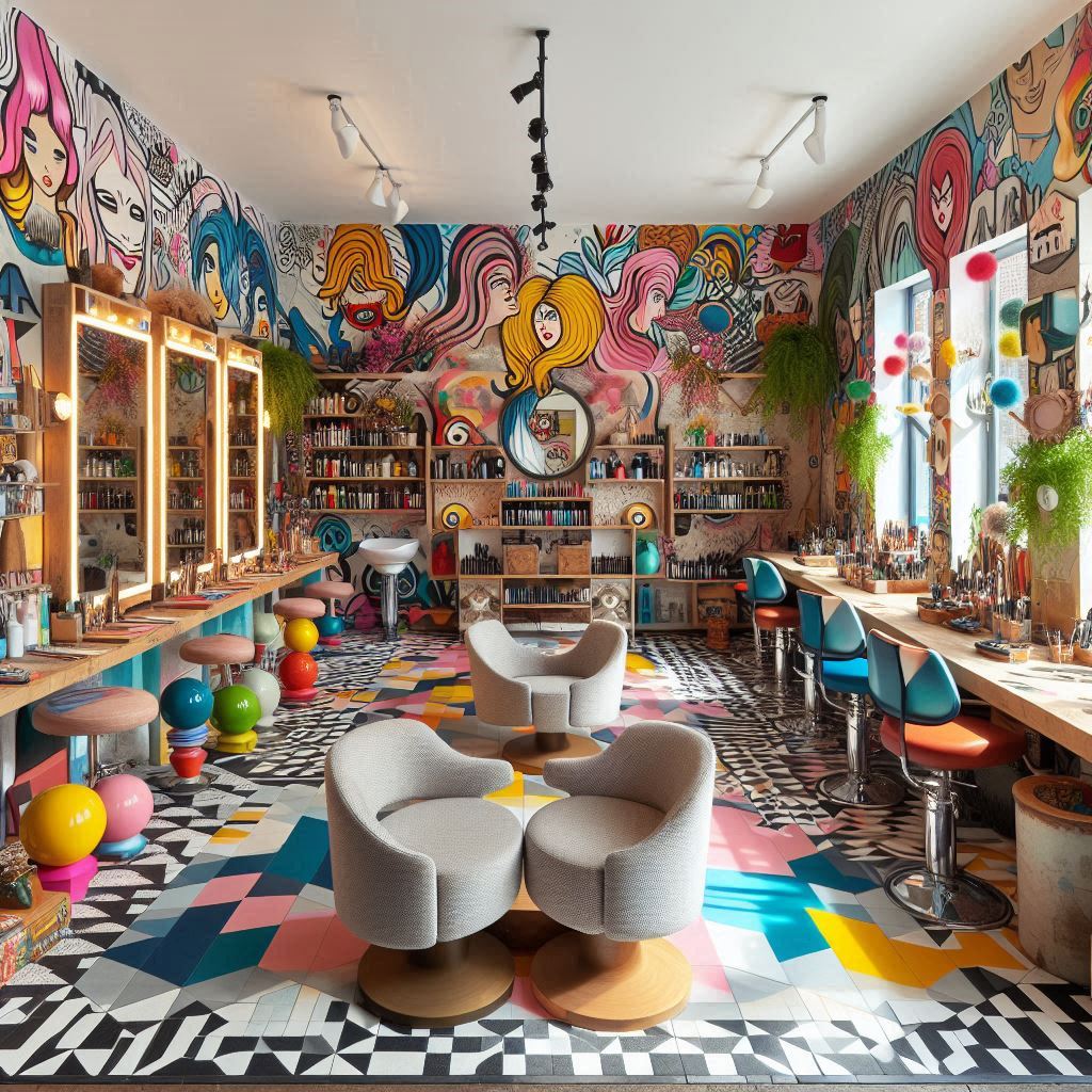 A creative, studio-inspired salon filled with unique artwork and colorful decor. Walls are painted in bright, cheerful colors with painted murals or graffiti art. The furniture is a mix of vintage and modern, with statement pieces like patterned chairs and custom mirrors. The space is designed to inspire creativity, with art supplies, bold sculptures, and quirky decorations adding a playful vibe.