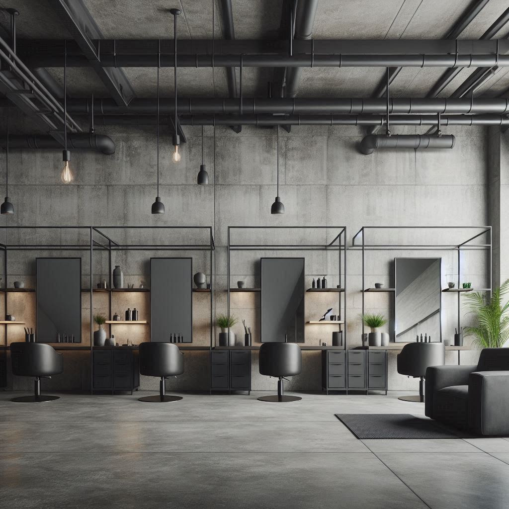 An industrial salon with minimalist, raw elements like exposed pipes, concrete walls, and sleek black metal frames. Decor is simple, with large mirrors and minimal furniture in matte black or gray. Simple pendant lights hang from the ceiling, and theres a rugged, edgy look with polished concrete floors and open shelving. Plants in concrete pots add a bit of green to the modern, industrial feel.