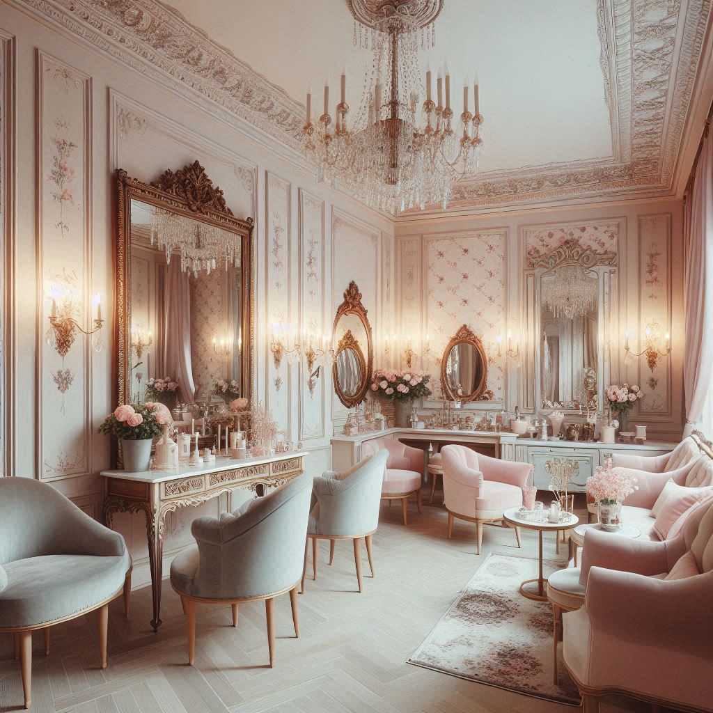 An elegant salon inspired by Parisian chic, with soft pastel walls, ornate mirrors with gold detailing, and plush velvet seating. The space has crown molding, marble countertops, and chandeliers for a classic French look. Delicate floral wallpaper, small potted roses, and a vintage tea station add to the French charm. A soft pink and cream color palette makes it cozy and stylish.
