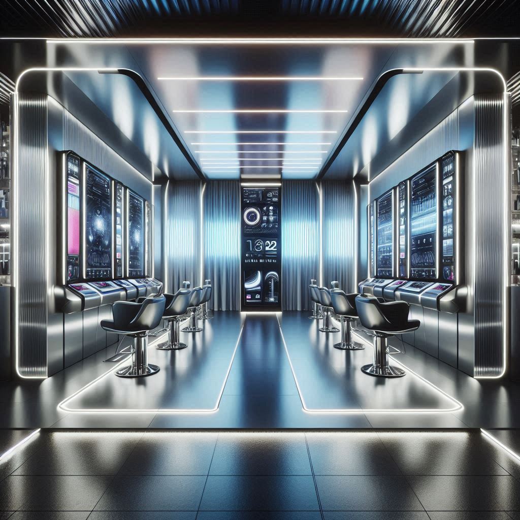 A futuristic salon with sleek, modern decor featuring metallic finishes, LED lighting, and high-tech equipment. The walls are silver or metallic gray with neon accents, and the styling stations have frameless, backlit mirrors. The space includes digital displays, touchscreen stations, and automated chairs. The lighting is customizable, creating a cutting-edge, modern vibe.
