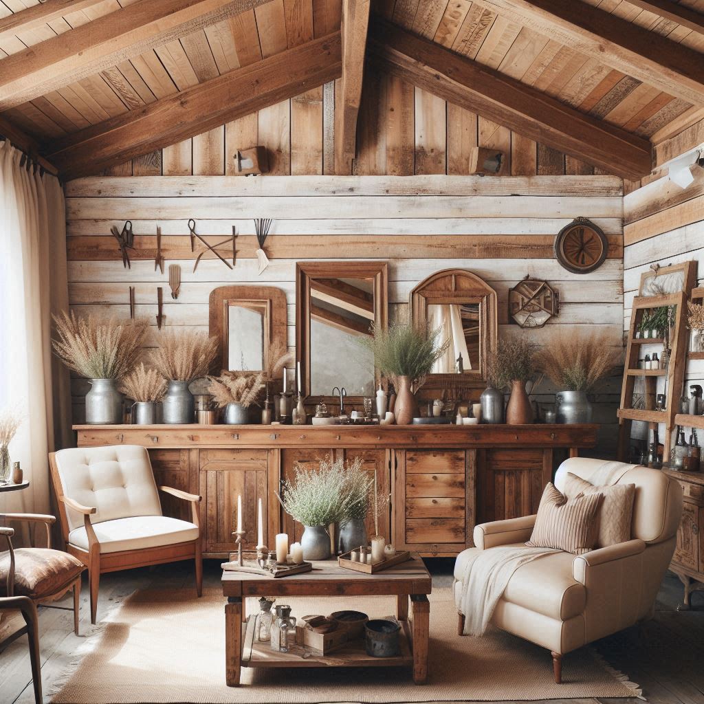 A cozy, farmhouse-style salon with rustic decor and natural wood elements. The walls have a shiplap design, and there are wooden beams across the ceiling. Decor includes vintage furniture pieces, distressed wood mirrors, and galvanized metal accents. The color scheme is warm neutrals with shades of cream, beige, and brown. Potted herbs and wildflower arrangements give the space a fresh, country charm.