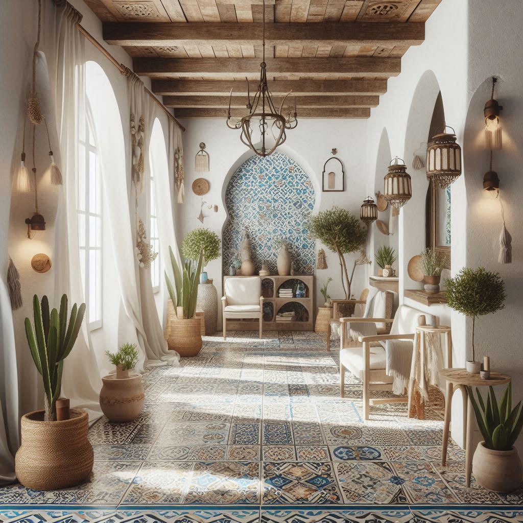 A Mediterranean-style salon with white stucco walls, arched doorways, and decor in various shades of blue and white. The flooring has intricate Moroccan or Mediterranean tile patterns, and the space is decorated with clay pots, woven baskets, and potted olive trees. Sunlight filters in through large windows, and hanging lanterns and rustic wood details add a warm, coastal feel.