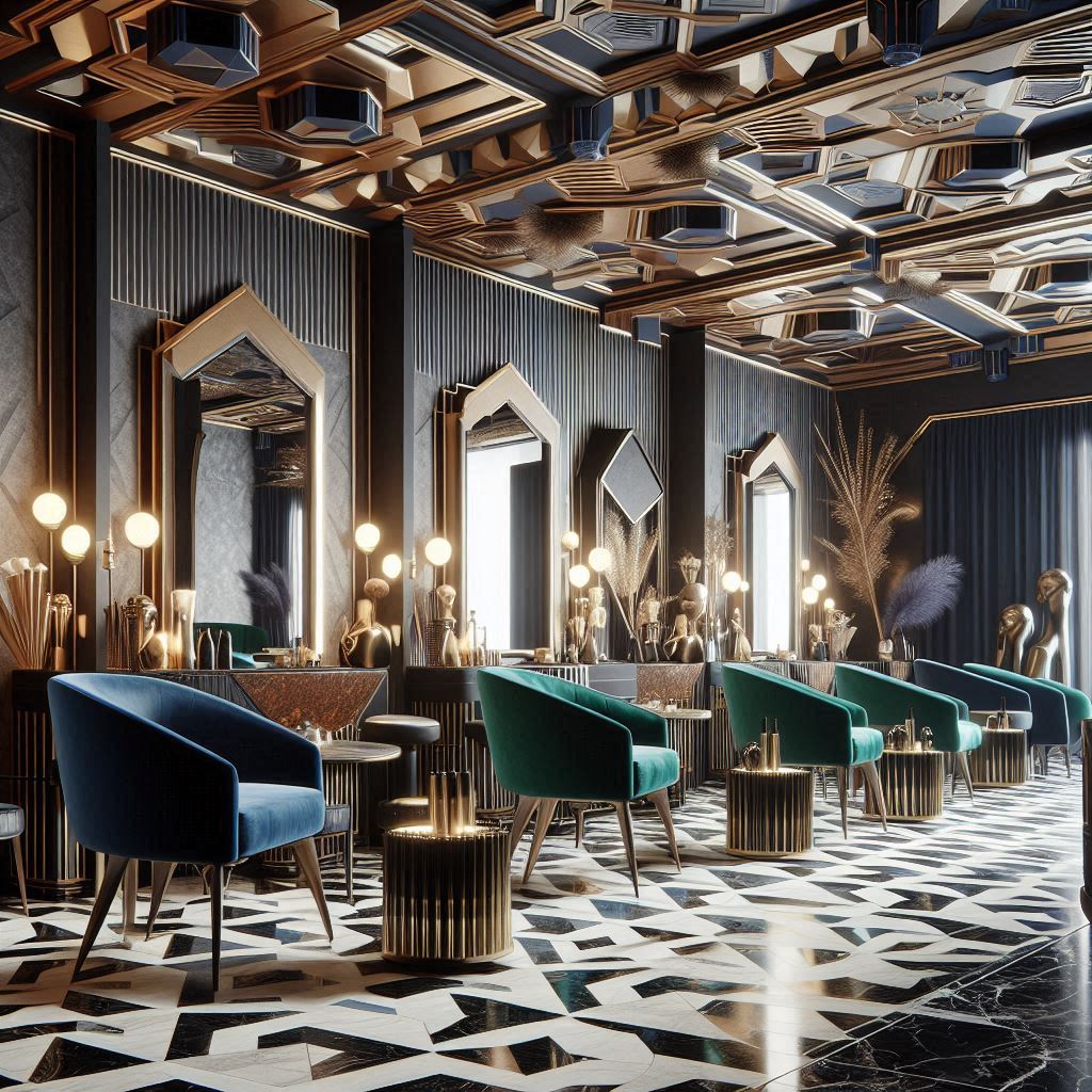 A salon decorated in an art deco style with bold geometric patterns, rich colors like navy and emerald, and metallic accents in gold and silver. Furniture includes sleek chairs with velvet upholstery, hexagonal mirrors, and angular light fixtures. The space features wallpaper with intricate art deco patterns, marble floors, and decorative pieces like vases and sculptures with a vintage flair.