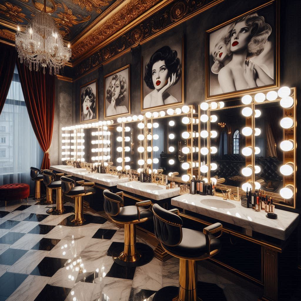An Old Hollywood-inspired salon with glamorous vanity mirrors surrounded by large, bright bulbs. Decor includes plush velvet seats, white marble surfaces, and luxurious gold-framed mirrors. The walls are painted in a classic black and white color scheme with a pop of red or gold, and there are framed black-and-white photos of classic movie stars. Velvet curtains and chandelier lighting add to the glitzy ambiance.