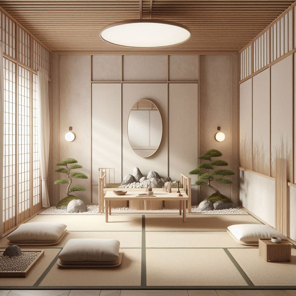 A serene, Japanese-inspired salon with a focus on simplicity and natural elements. Decor includes shoji screen dividers, low wooden benches, and bamboo accents. The walls are a light beige, and theres a rock garden or sand tray with small bonsai trees. Soft, diffused lighting and a minimalist approach to furnishings, with tatami mats and simple, elegant mirrors, create a peaceful, meditative environment.