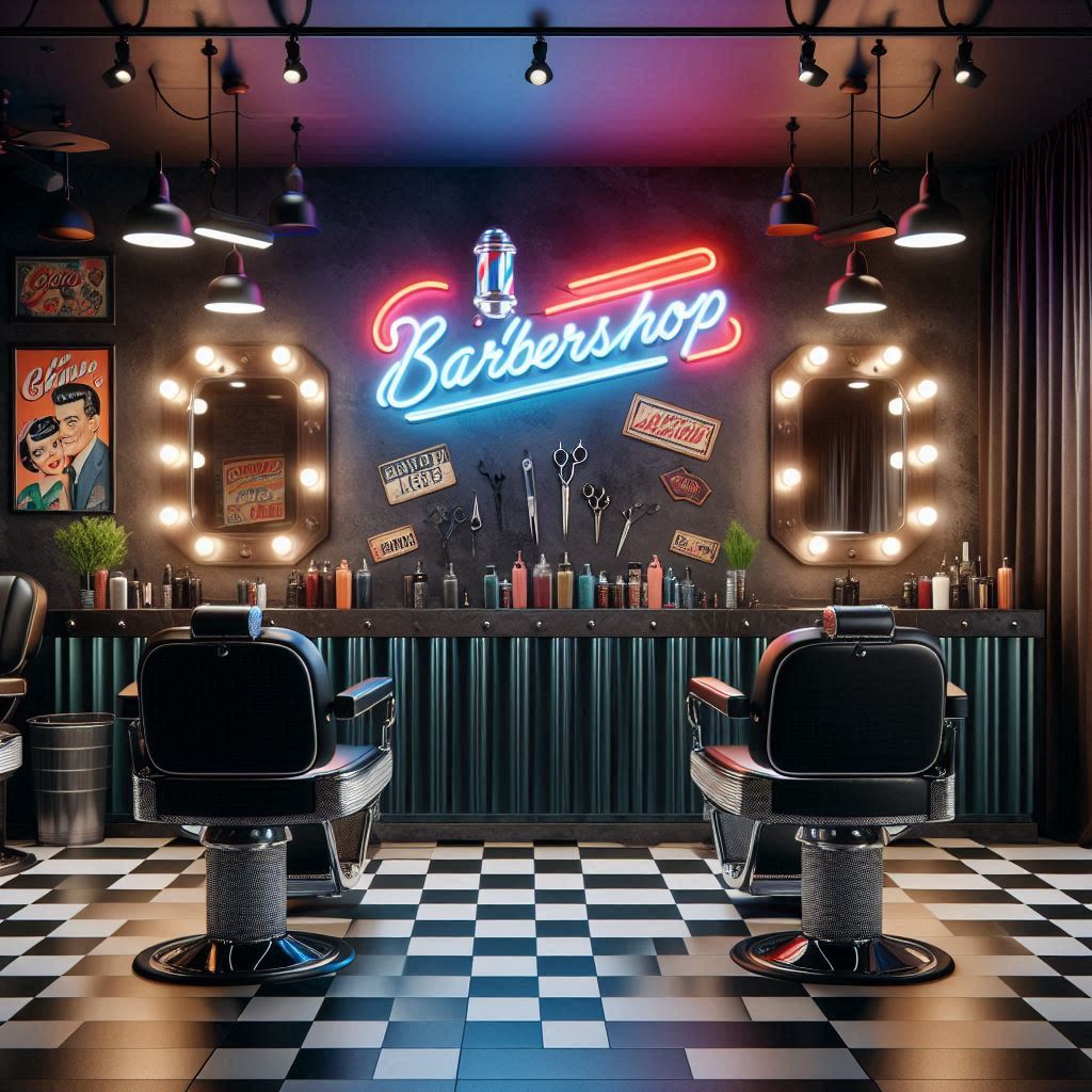 A retro barber-style salon with dark walls, neon lighting, and 50s-inspired decor. The space features dark leather barber chairs, checkered black-and-white flooring, and vintage barbershop signs. Bright neon lights create a fun vibe, and there are retro posters on the walls. The reception desk is styled with brushed metal, adding a vintage industrial feel.