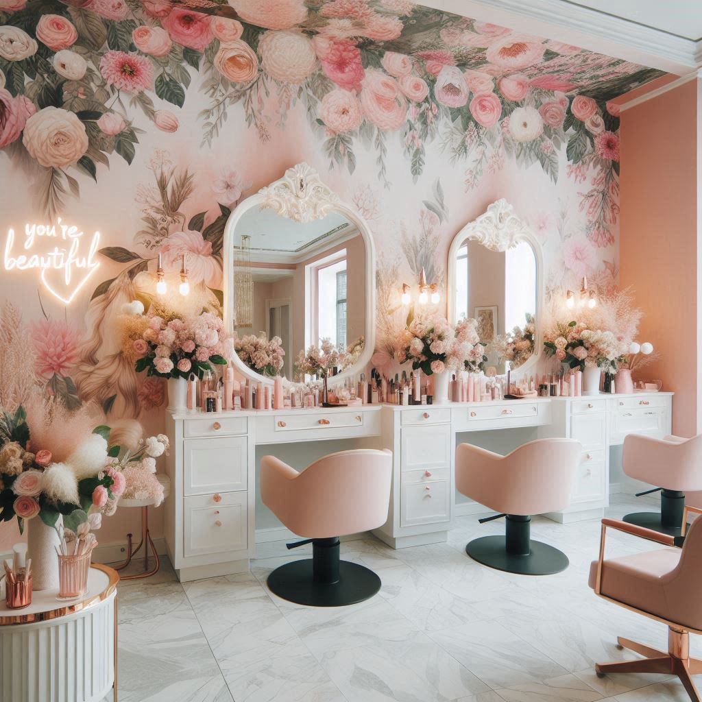 A feminine salon with soft pink walls and floral accents throughout. Large floral murals or wallpaper cover one feature wall, and the decor includes white and blush pink furnishings, rose gold accents, and vintage-inspired mirrors. Delicate flower arrangements sit on each station, and the reception area features a neon Youre Beautiful sign for an inviting, Instagram-ready feel.