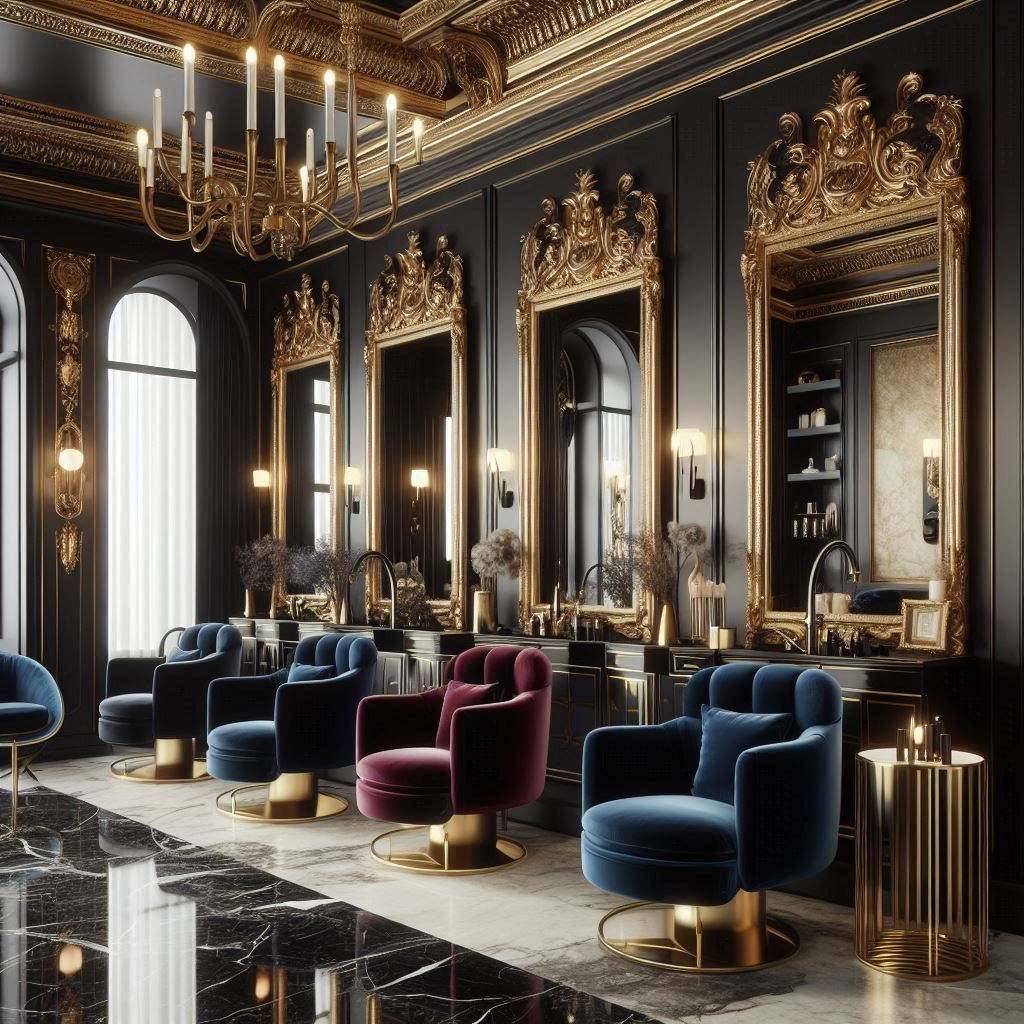A high-end salon with an elegant black and gold color scheme. Black walls create a dramatic backdrop for large, ornate gold-framed mirrors and plush velvet chairs in rich jewel tones like royal blue or ruby red. Gold accents are seen in lighting fixtures, frames, and side tables, with a marble floor and marble-topped counters adding sophistication. A chandelier adds a luxurious touch.
