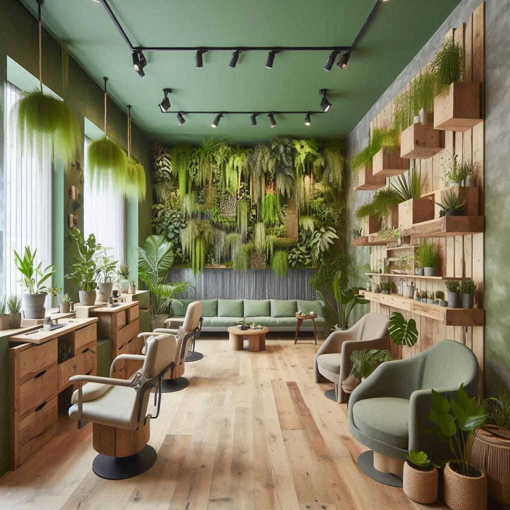 A nature-inspired salon filled with green plants and sustainable decor. Walls are painted a calming sage green, and wooden furniture made from reclaimed wood enhances the natural feel. Hanging plants and vertical wall gardens bring the outdoors in, while a waterfall feature provides soothing background sound. The salon uses eco-friendly materials, with natural fabrics and organic textures.