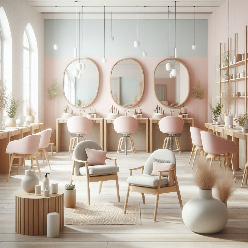 A Scandinavian-inspired salon with a calming, pastel color palette of soft pinks, blues, and grays. Light wood furniture and minimalist decor define the space, with simple round mirrors, plush seating, and plenty of natural light. There are small potted plants on each station, white ceramic decor, and open shelves with neatly arranged products. The aesthetic is light, airy, and serene.